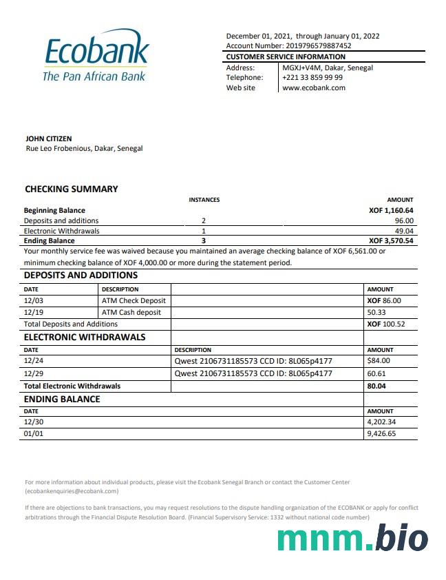 Wyciąg bankowy Senegal Ecobank xls